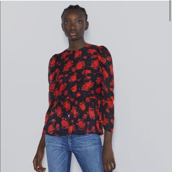 Zara Women’s Sheer Chiffon Black Red Floral Blouse Size Medium - Picture 15 of 15